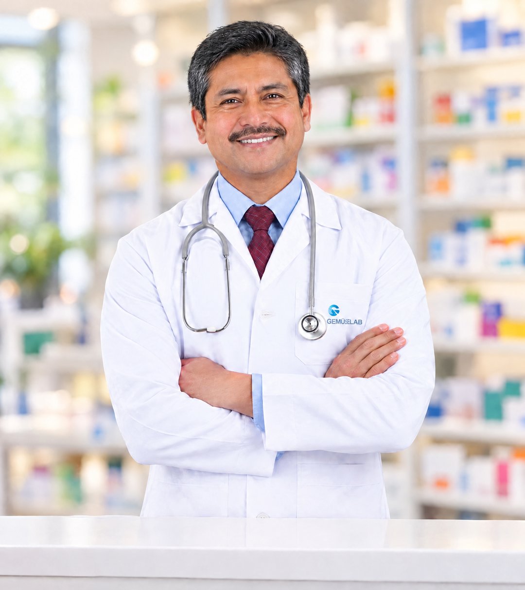 Médico peruano con bata de GEMÜSELAB detrás del mostrador de una farmacia